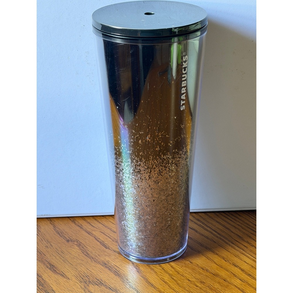 Starbucks Venti Cold Cup Tumbler 24oz Black Gold Ombre Glitter Acrylic No Straw